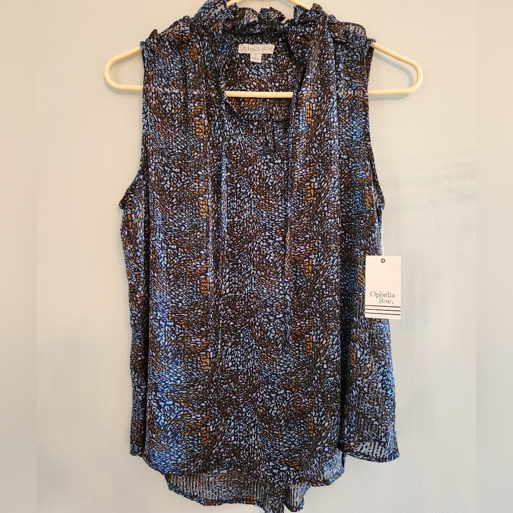 NWY Ophelia Rose Navy Print Blouse with ruffle collar.  SIZE S.  Tie front neck.